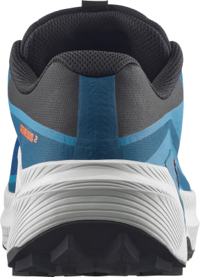 Rückansicht eines blau-grauen Laufschuhs mit orangefarbenem Schriftzug Genesis 2. Rückansicht eines blau-grauen Laufschuhs mit orangefarbenem Schriftzug Genesis 2.