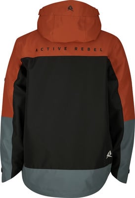 Rückseite einer orange-schwarz-grauen Jacke mit Logo und Aufschrift ACTIVE REBEL.
