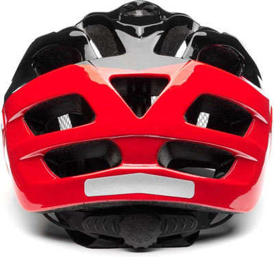 Zadní pohled na červeno-černou cyklistickou helmu s reflexním pruhem. Zadní pohled na červeno-černou cyklistickou helmu s reflexním pruhem.