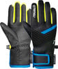 Schwarze Skihandschuhe mit neongelben und blauen Details.