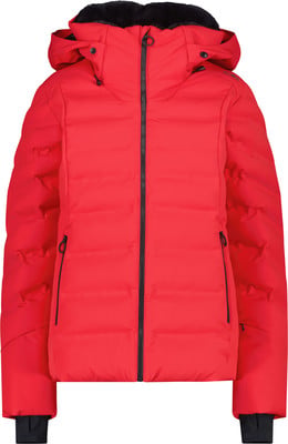 Rote Daunenjacke mit schwarzem Futter und Reißverschluss. Rote Daunenjacke mit schwarzem Futter und Reißverschluss.