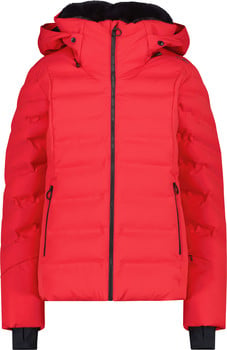 Rote Daunenjacke mit schwarzem Futter und Reißverschluss.