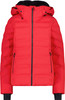 Rote Daunenjacke mit schwarzem Futter und Reißverschluss.