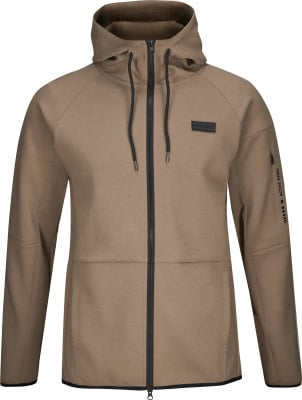 Braune Herren-Kapuzenjacke mit schwarzem Reißverschluss und Logo.