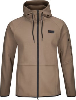 Braune Herren-Kapuzenjacke mit schwarzem Reißverschluss und Logo.