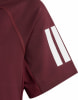 Dunkelweinrotes T-Shirt mit weißen Streifen am Ärmel.