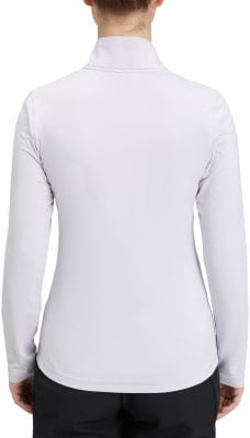 Rückansicht eines Damen-Pullover in Hellviolett mit langen Ärmeln und Stehkragen.