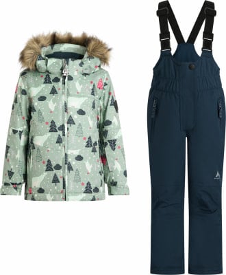 Kinder-Winterjacke und Latzhose mit Bären- und Baumdruck.