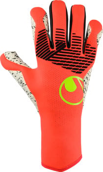 Torwarthandschuhe mit oranger Handfläche und schwarzen Streifen.