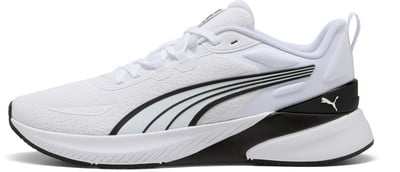 Weißer Puma-Sportschuh mit schwarzen und hellblauen Streifen und Logo. Weißer Puma-Sportschuh mit schwarzen und hellblauen Streifen und Logo.