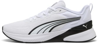 Weißer Puma-Sportschuh mit schwarzen und hellblauen Streifen und Logo.