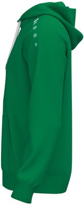 Grüner Herren-Hoodie mit weißer Kordel und weißen Kreisen auf der Schulter. Grüner Herren-Hoodie mit weißer Kordel und weißen Kreisen auf der Schulter.
