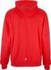 Ein roter Kapuzenpullover mit kleinem weißem Logo am unteren Saum.