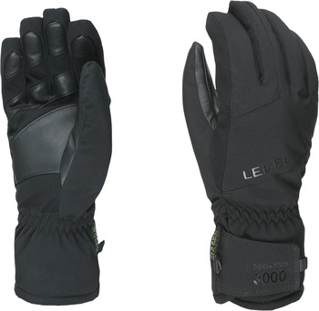 Schwarze Skihandschuhe mit Ledereinsätzen und LEVEL-Logo.