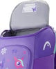 Lila Rucksack mit Reh- und Schmetterlingsmotiv, innen mit Namensschild.