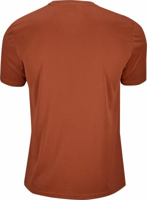 Rückansicht eines einfarbigen orangefarbenen T-Shirts mit kurzen Ärmeln.