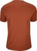 Rückansicht eines einfarbigen orangefarbenen T-Shirts mit kurzen Ärmeln.