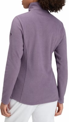 Rückansicht einer lila Fleecejacke für Damen mit Stehkragen und langen Ärmeln. Rückansicht einer lila Fleecejacke für Damen mit Stehkragen und langen Ärmeln.