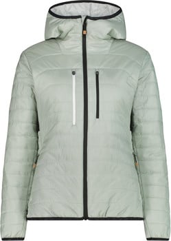 Leichte Steppjacke in Hellgrün mit Kapuze und schwarzem Reißverschluss.