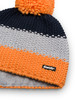Mütze mit orangenem Bommel, Streifen in Dunkelblau, Grau und Orange.