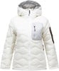 Weiße Daunenjacke mit Kapuze und grauer Brusttasche mit Reißverschluss.