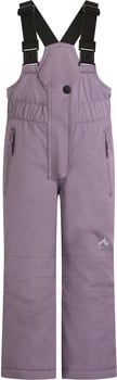 Lila Skihose für Kinder mit Latz und schwarzen Trägern.