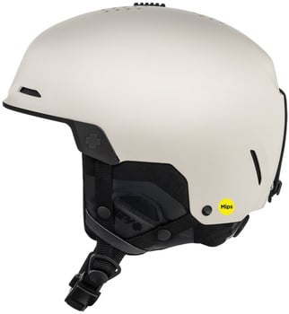 Ein beiger Skihelm mit schwarzen Details und Mips-Logo.