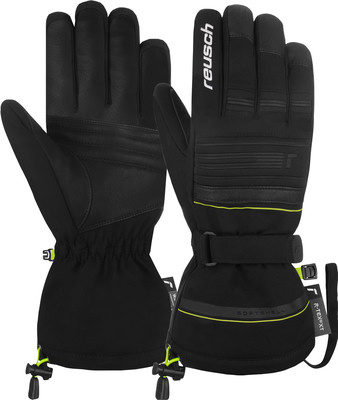Schwarze Reusch Skihandschuhe mit limettengrünen Akzenten und verstellbarem Handgelenk. Schwarze Reusch Skihandschuhe mit limettengrünen Akzenten und verstellbarem Handgelenk.