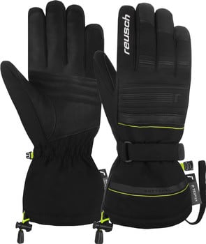 Schwarze Reusch Skihandschuhe mit limettengrünen Akzenten und verstellbarem Handgelenk.