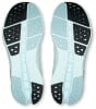 Die Sohlen von zwei hellblauen Laufschuhen mit schwarzen und hellgrauen Einsätzen.