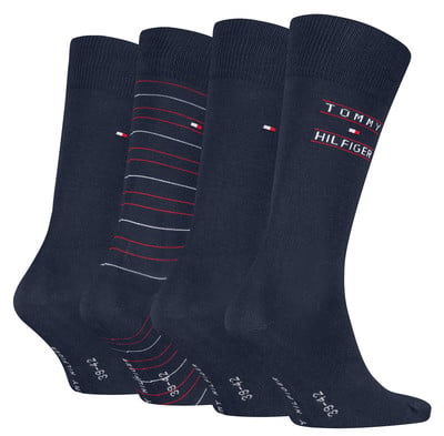 Négy sötétkék Tommy Hilfiger zokni különböző mintákkal.