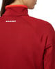 Teil eines roten Pullovers mit MAMMUT-Logo auf dem Rücken und orangefarbenem Kragen.