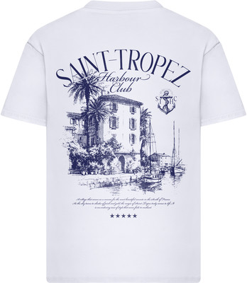 Weißes T-Shirt mit Saint-Tropez-Aufdruck und Hafenszene.