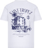 Weißes T-Shirt mit Saint-Tropez-Aufdruck und Hafenszene.