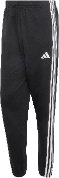 Schwarze Adidas Trainingshose mit weißen Streifen und Logo am linken Bein.