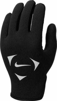 Schwarze Nike-Handschuhe mit weißem Logo und dreieckigen Elementen. Schwarze Nike-Handschuhe mit weißem Logo und dreieckigen Elementen.