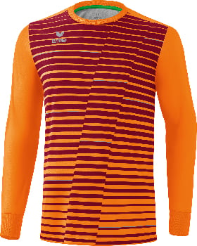 Orange Langarmshirt mit dunkelrotem Streifenmuster.