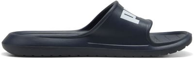 Dunkelblauer Schlupfschuh mit weißem Logo auf dem Riemen, von der Seite gezeigt.