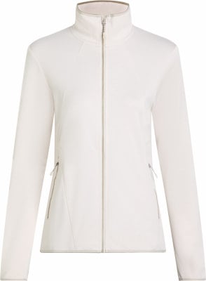 Damen-Fleecejacke in Weiß mit Stehkragen und Reißverschluss. Damen-Fleecejacke in Weiß mit Stehkragen und Reißverschluss.