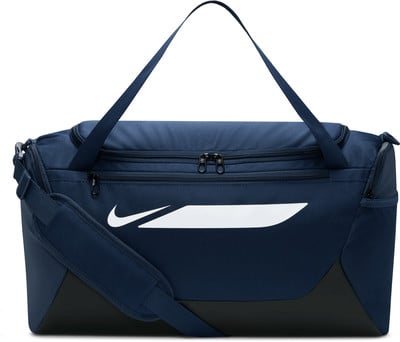 Dunkelblaue Nike Sporttasche mit weißem Logo und verstellbarem Riemen.