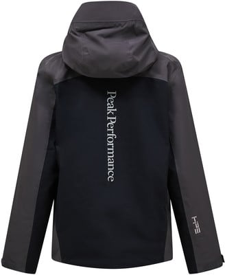Rückansicht einer schwarzen Jacke mit dunkelgrauer Kapuze und Ärmeln. Rückansicht einer schwarzen Jacke mit dunkelgrauer Kapuze und Ärmeln.