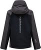 Rückansicht einer schwarzen Jacke mit dunkelgrauer Kapuze und Ärmeln.
