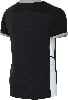 Rückansicht eines schwarzen T-Shirts mit weißem Seitenstreifen und grauer Paspelierung.