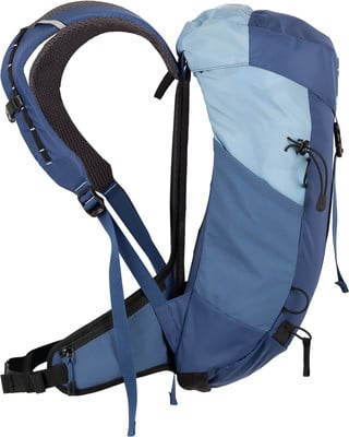 Ein blauer Wanderrucksack mit gepolsterten Schultergurten und Hüftgurt.