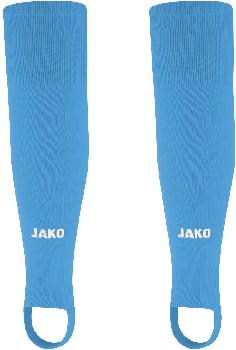 Hellblaue Wadenstrümpfe mit weißem JAKO-Logo und Fußschlaufe.