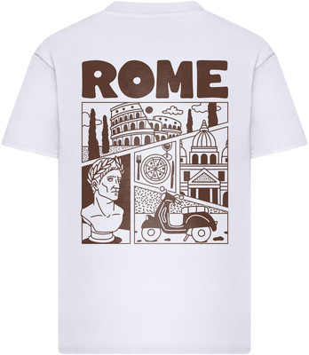 Weißes T-Shirt mit braunem Aufdruck von Rom, dem Kolosseum und einer Vespa. Weißes T-Shirt mit braunem Aufdruck von Rom, dem Kolosseum und einer Vespa.