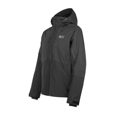 Dunkelgraue Herrenjacke mit Kapuze und Logo auf der Brust.