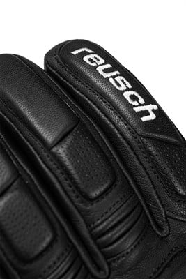 Schwarze Lederhandschuhe mit weißem Reusch-Logo auf dem Obermaterial.