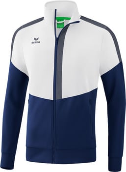 Weiße Jacke mit dunkelblauen Ärmeln und grauen Seitenstreifen.
