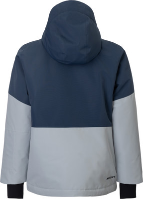Rückansicht einer blau-grauen Kapuzenjacke mit SCOTT-Logo. Rückansicht einer blau-grauen Kapuzenjacke mit SCOTT-Logo.